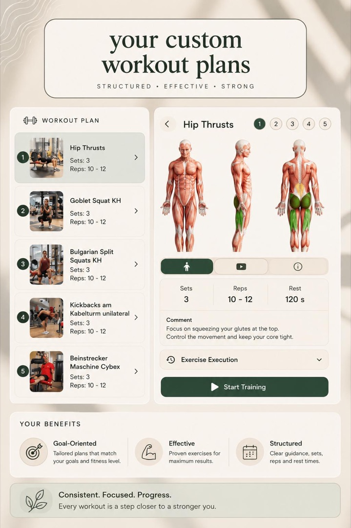 Custom workout plan with exercises, sets and reps